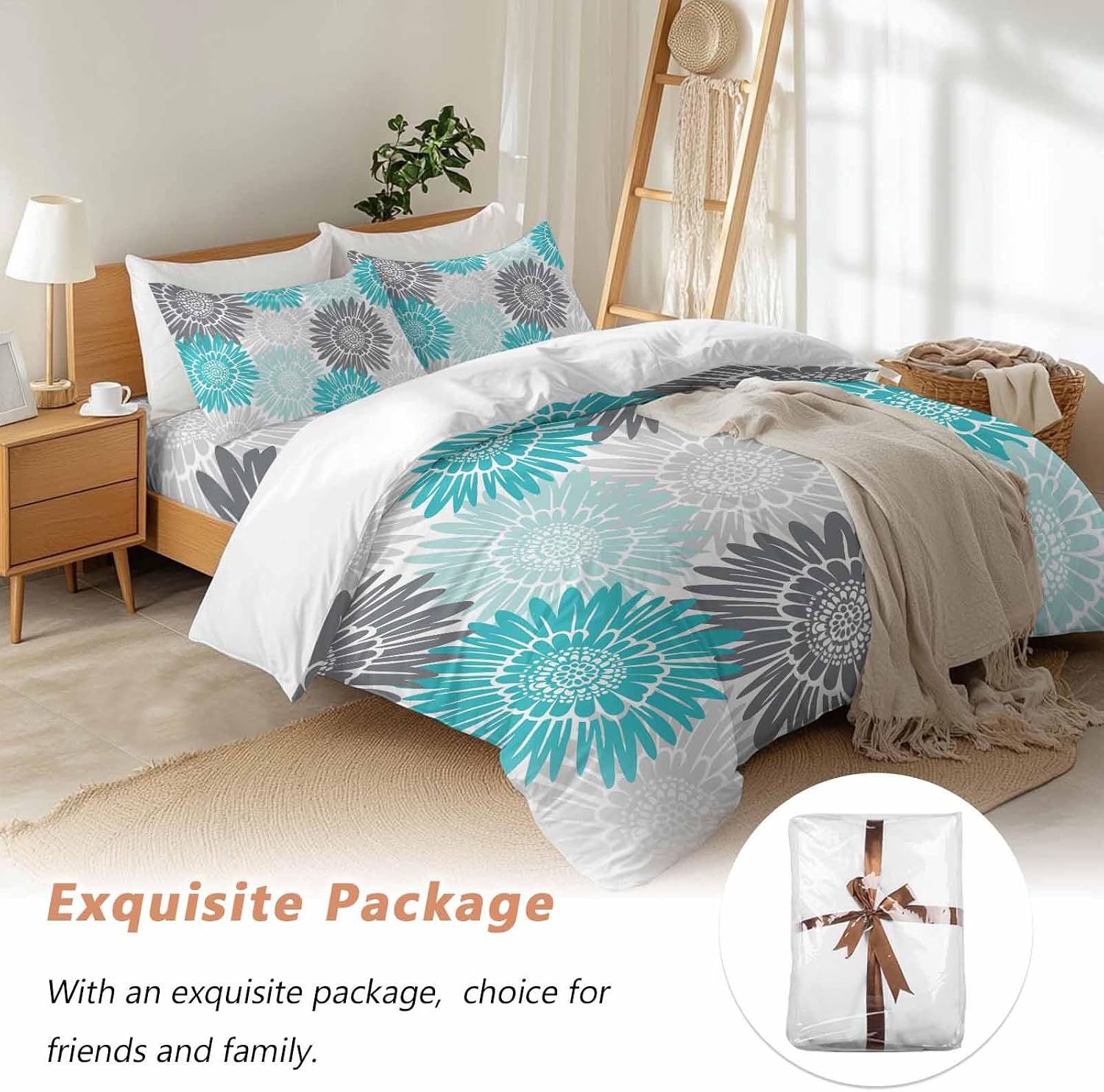 Turquoise Gray Sunflowers Duvet Cover Set Queen Size 4 Pieces Abstract Blooming Floral Rustic Bedding Set with Zipper Closure, 1 Comforter Cover 86x86 Inches 1 Flat Sheet & 2 Pillow Cases