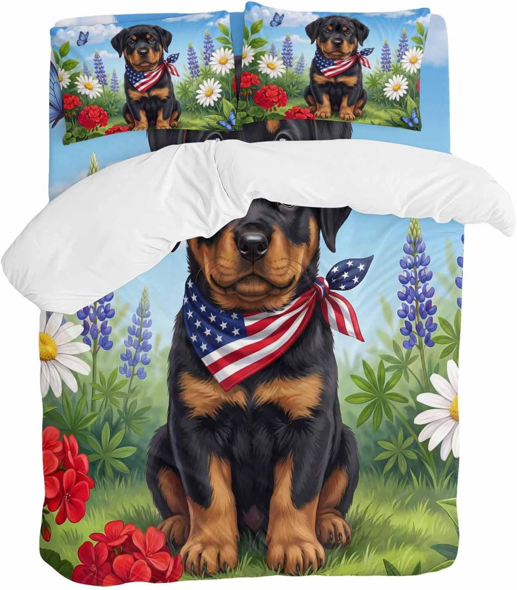Independence Day Duvet Cover Set Queen Size 4 Pieces Watercolor U. S. Flag Cute Rottweiler Butterfly Bedding Set with Zipper Closure, 1 Comforter Cover 86x86 Inches 1 Flat Sheet & 2 Pillow Cases