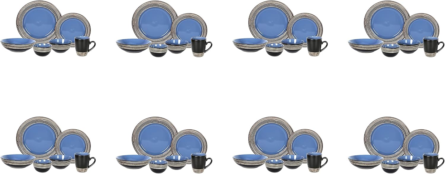 48 Piece Dinnerware Set, Ceramic Plates and Bowls Sets for 8, Microwave and Dishwasher Safe, Handcrafted Tree Bark Series Dish Set, Blue