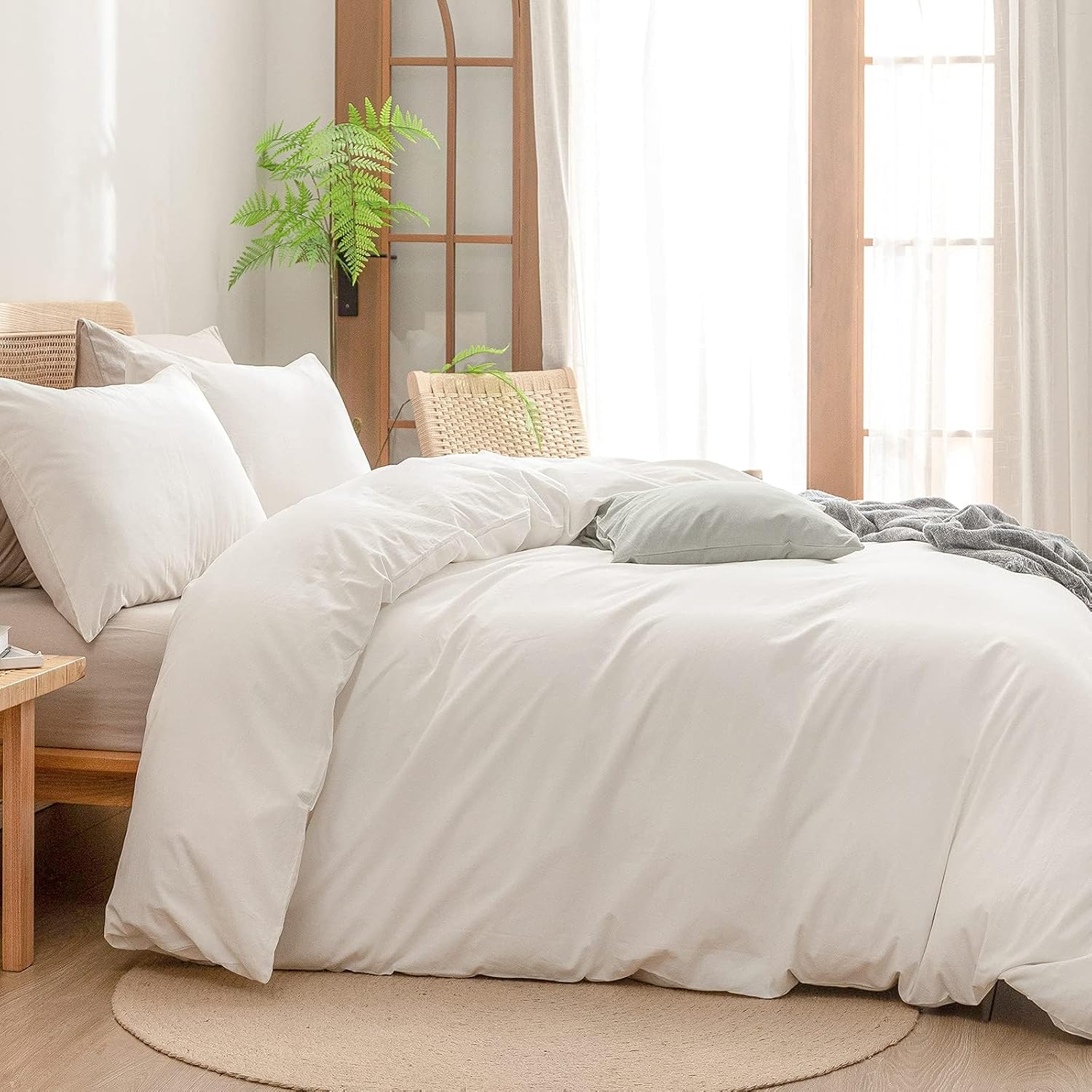 BESTOUCH Duvet Cover Set 100% Washed Cotton Linen Feel Super Soft Comfortable Chic Lightweight 3 PCs Home Bedding Set Solid Off White Alaska King