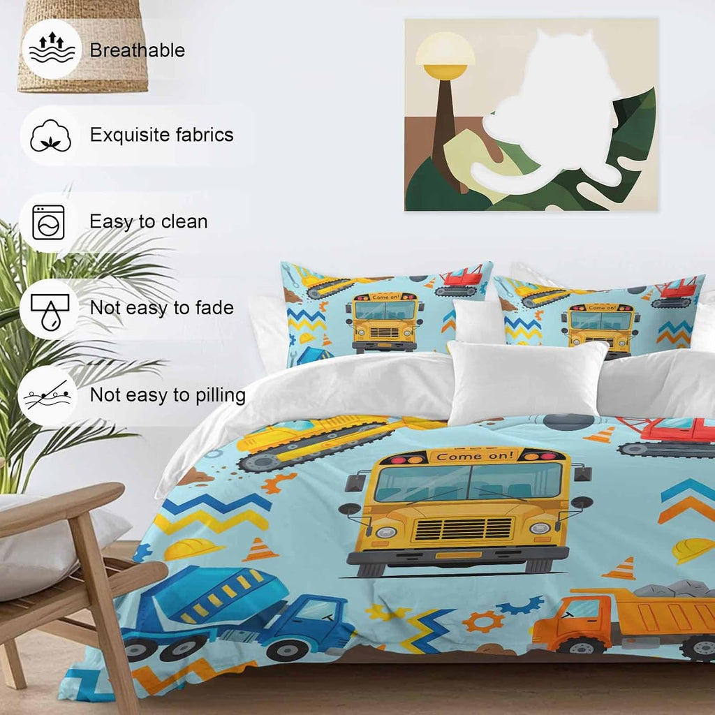 Prime Leader Cartoon Come on Duvet Cover Set Queen Size 4 Pieces Excavator Mixer Truck Wrench Helmet Blue Bedding Set with Zipper Closure, 1 Comforter Cover 86x86 Inches 1 Flat Sheet & 2 Pillow Cases