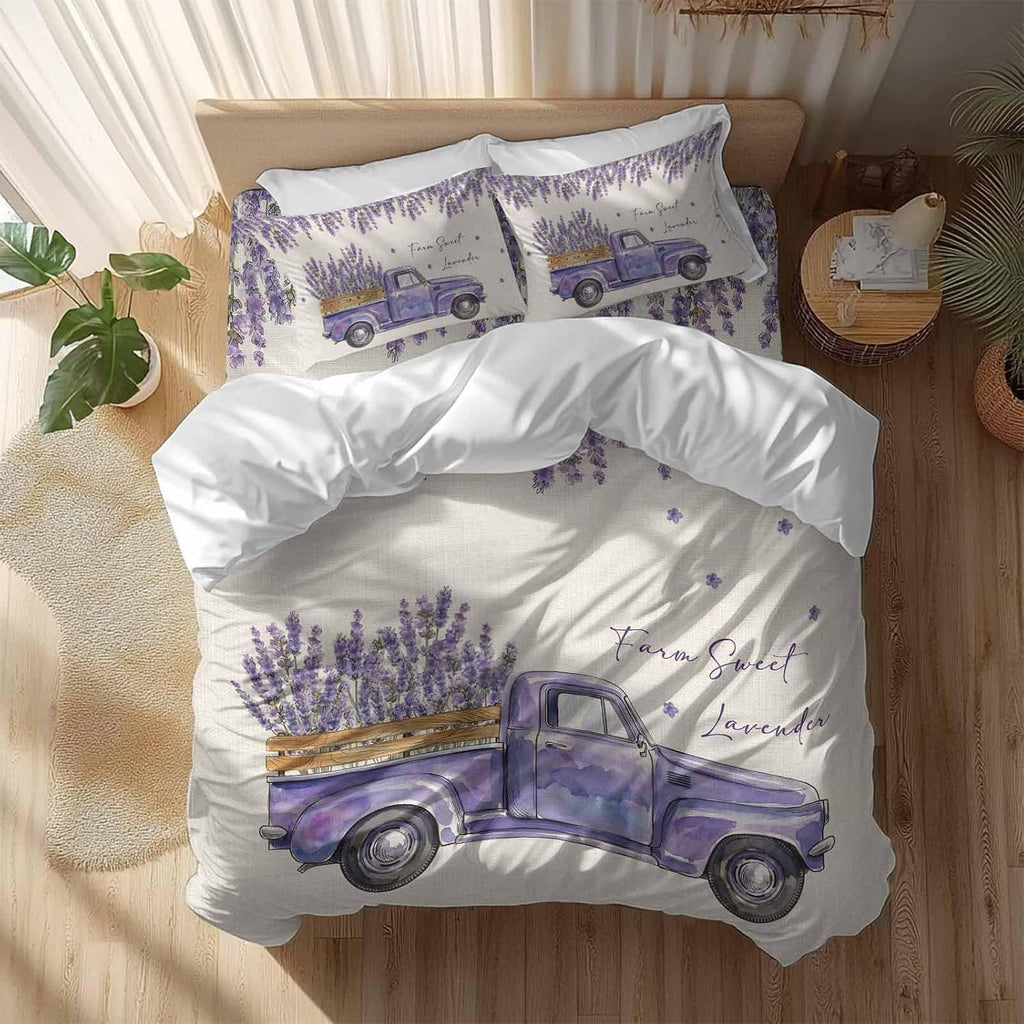 Purple Floral Duvet Cover Set Queen Size 4 Pieces Farm Sweet Lavender Truck Rustic Linen Texture Bedding Set with Zipper Closure, 1 Comforter Cover 86x86 Inches 1 Flat Sheet & 2 Pillow Cases