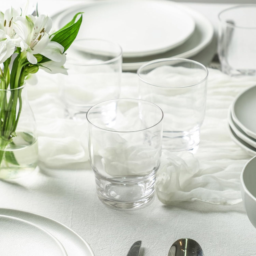 Stone Lain Rio Stoneware 32 Piece Dinnerware Set, Plates and Bowls Sets, Beige Dish Set with Clear Fluted Glasses, Service for 8, Microwave and Dishwasher Safe