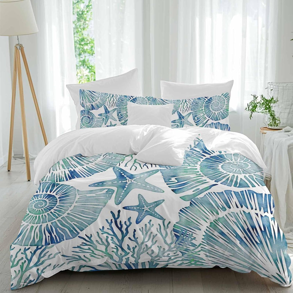 Summer Nautical Duvet Cover Set Queen Size 4 Pieces Blue Seashells Starfish Conch Coral Ocean Bedding Set with Zipper Closure, 1 Comforter Cover 92x106 Inches 1 Flat Sheet & 2 Pillow Cases