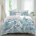 Summer Nautical Duvet Cover Set Queen Size 4 Pieces Blue Seashells Starfish Conch Coral Ocean Bedding Set with Zipper Closure, 1 Comforter Cover 90x92 Inches 1 Flat Sheet & 2 Pillow Cases