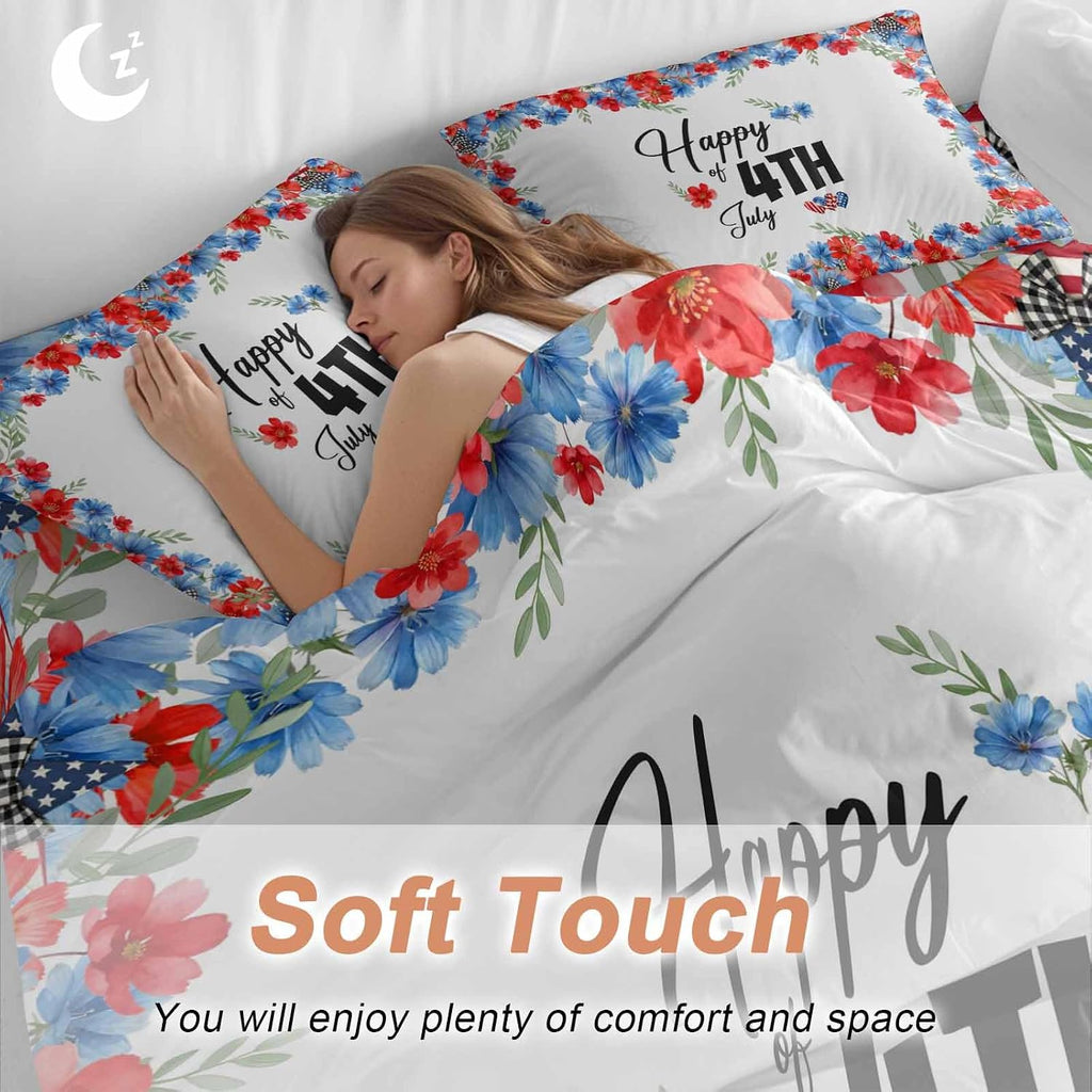 Prime Leader Happy of 4th July Duvet Cover Set Queen Size 4 Pieces Rustic Red Blue Floral Heart Bedding Set with Zipper Closure, 1 Comforter Cover 86x86 Inches 1 Flat Sheet & 2 Pillow Cases