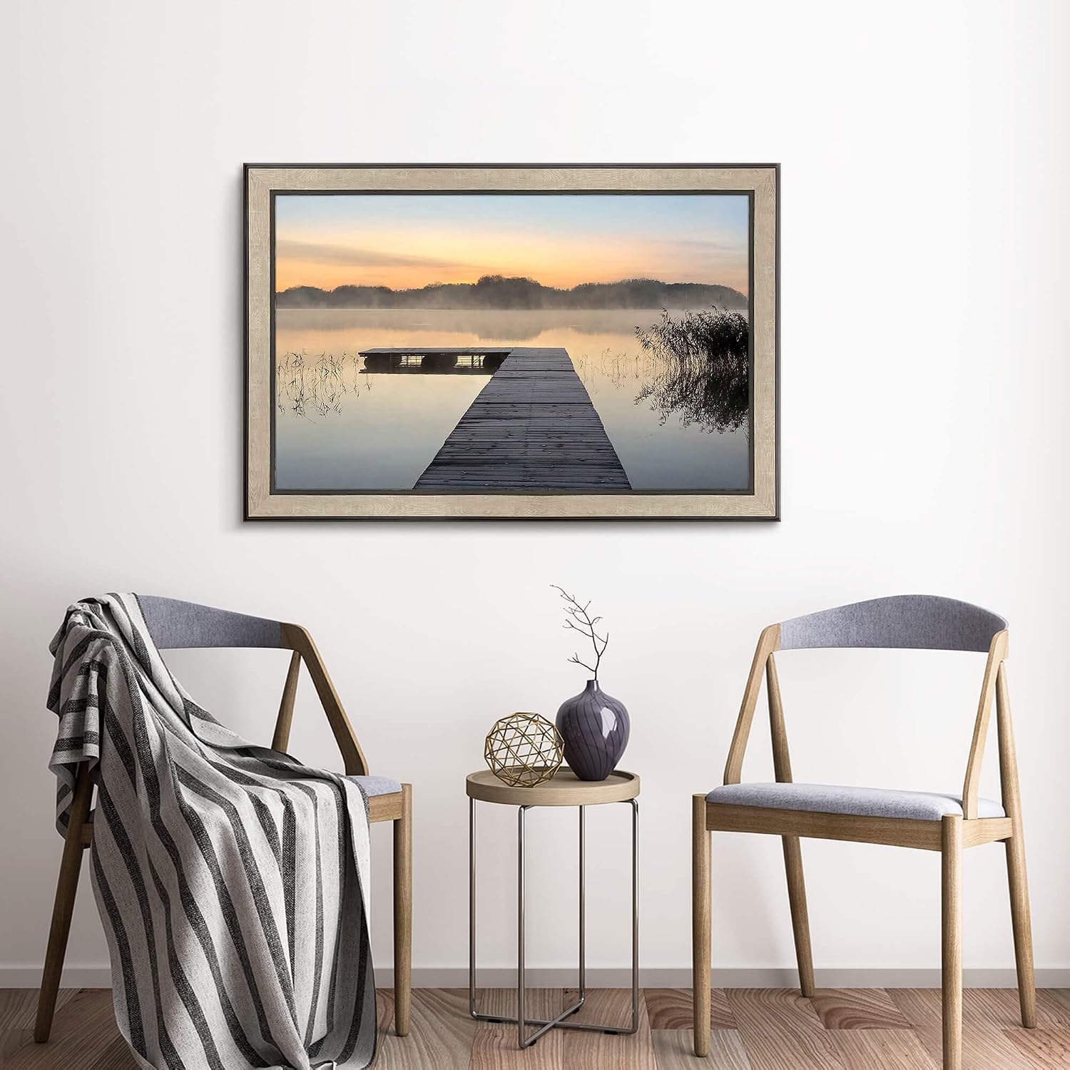 Lake Bedroom Wall Art Canvas: Framed Relaxing Large Home Office Sunrise Nature Landscape Pier Picture Decor Modern Living Room Dock Scene Painting Print Horizontal Foggy Mountain Forest Artwork