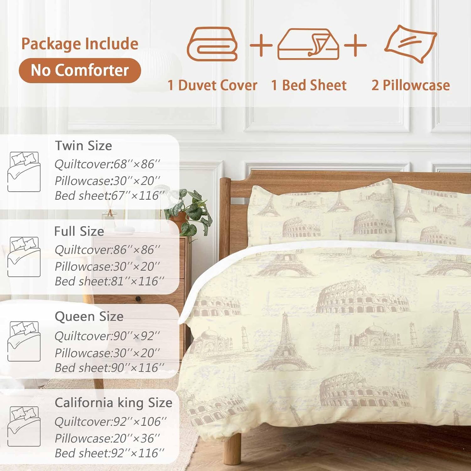 Prime Leader Yellow Architecture Duvet Cover Set Queen Size 4 Pieces Retro Classic Light Yellow City Bedding Set with Zipper Closure, 1 Comforter Cover 90x92 Inches 1 Flat Sheet & 2 Pillow Cases