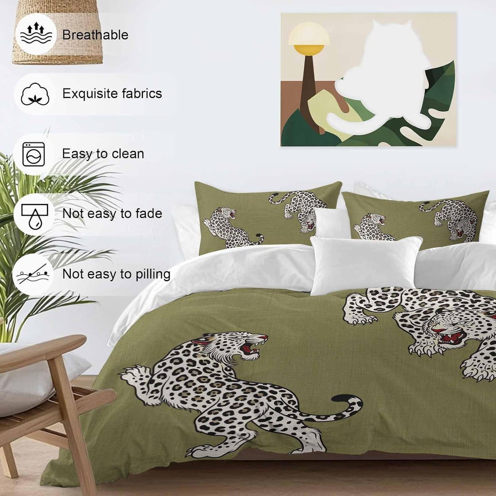 Green Leopard Duvet Cover Set Queen Size 4 Pieces Modern Style Wild Animal Rustic Linen Texture Bedding Set with Zipper Closure, 1 Comforter Cover 90x92 Inches 1 Flat Sheet & 2 Pillow Cases