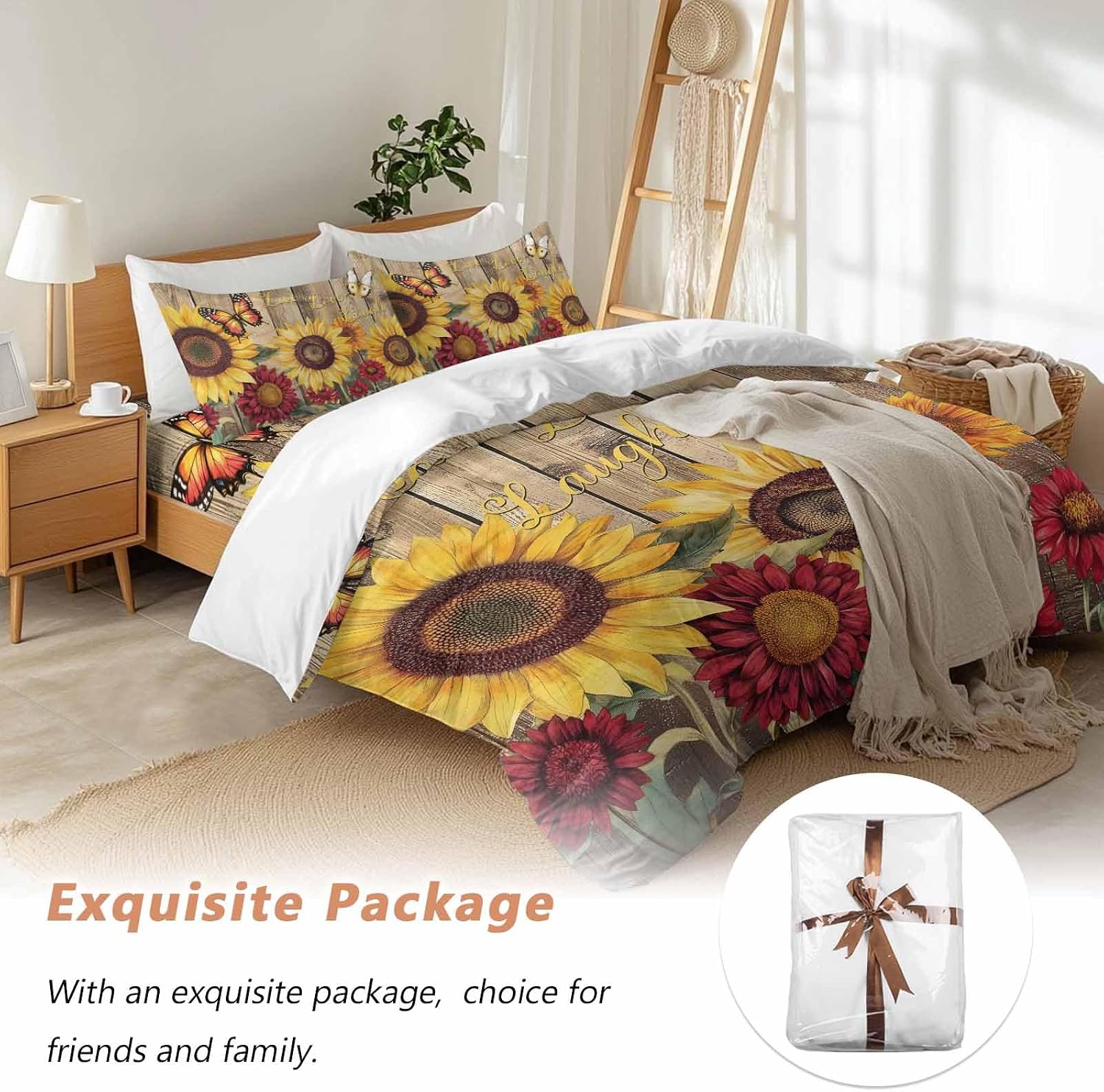 Flowers Duvet Cover Set Queen Size 4 Pieces Watercolor Yellow Sunflower Red Chrysanthemum Floral Wood Grain Bedding Set with Zipper Closure,1 Comforter Cover 86x86 Inches 1 Flat Sheet & 2 Pillow Cases