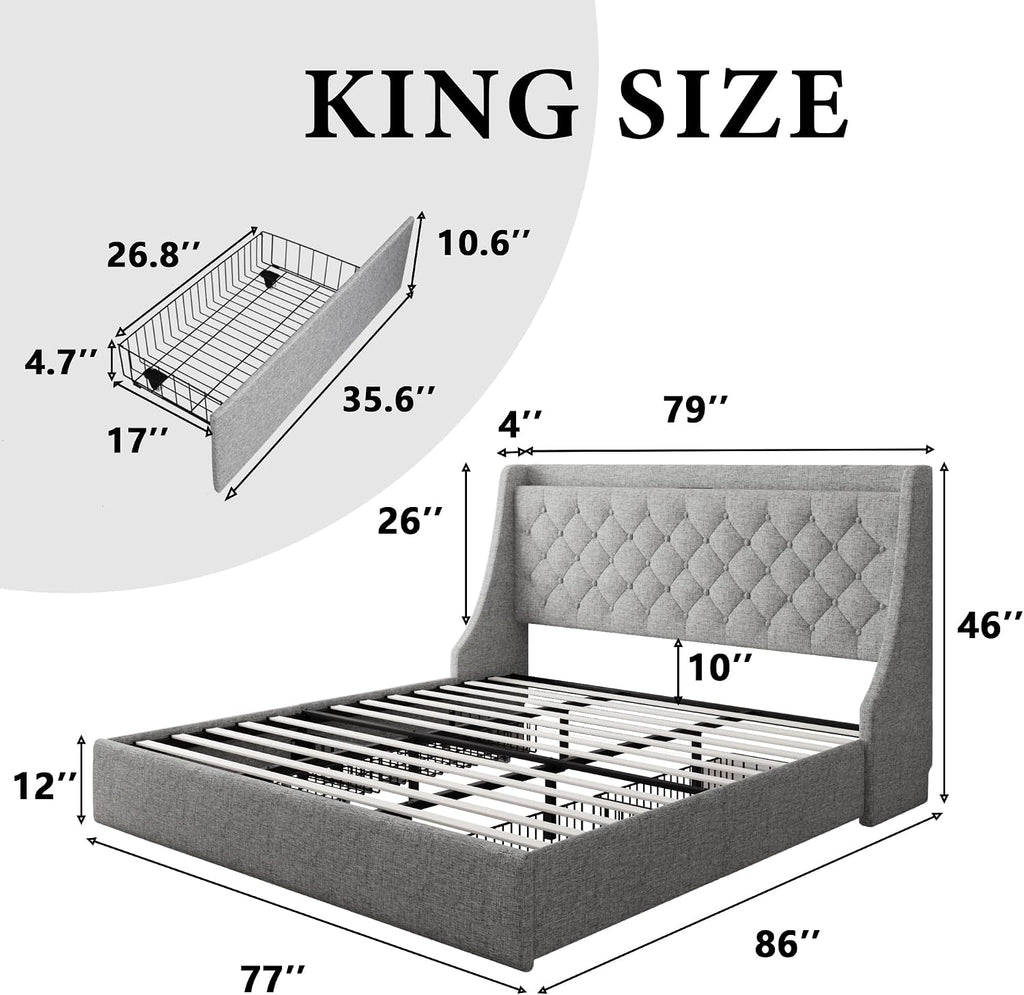 iPormis King Size Bed Frame with 4 Storage Drawers, Upholstered Platform Bed Frame with Type-C & USB Ports, Wingback Storage Headboard, Solid Wood Slats, No Box Spring Needed, Light Gray