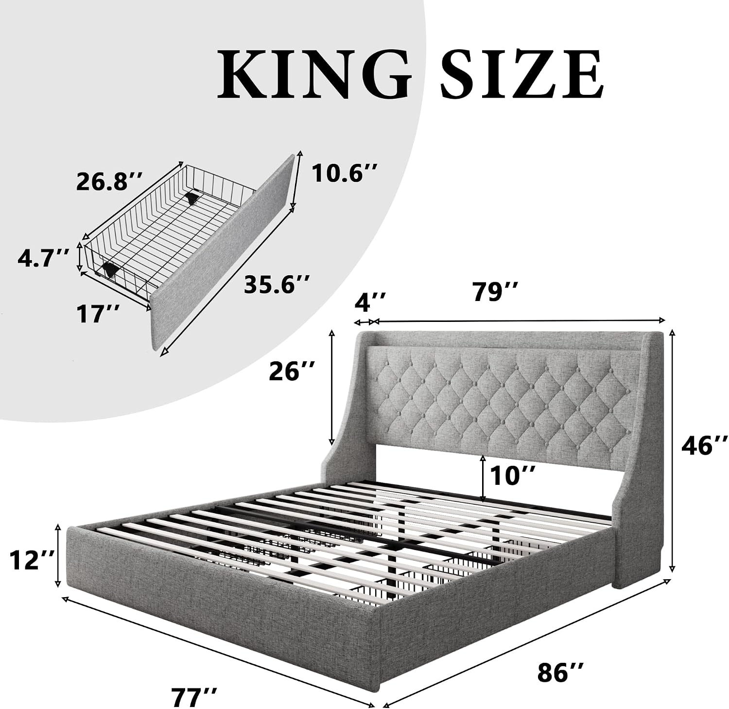 iPormis King Size Bed Frame with 4 Storage Drawers, Upholstered Platform Bed Frame with Type-C & USB Ports, Wingback Storage Headboard, Solid Wood Slats, No Box Spring Needed, Light Gray