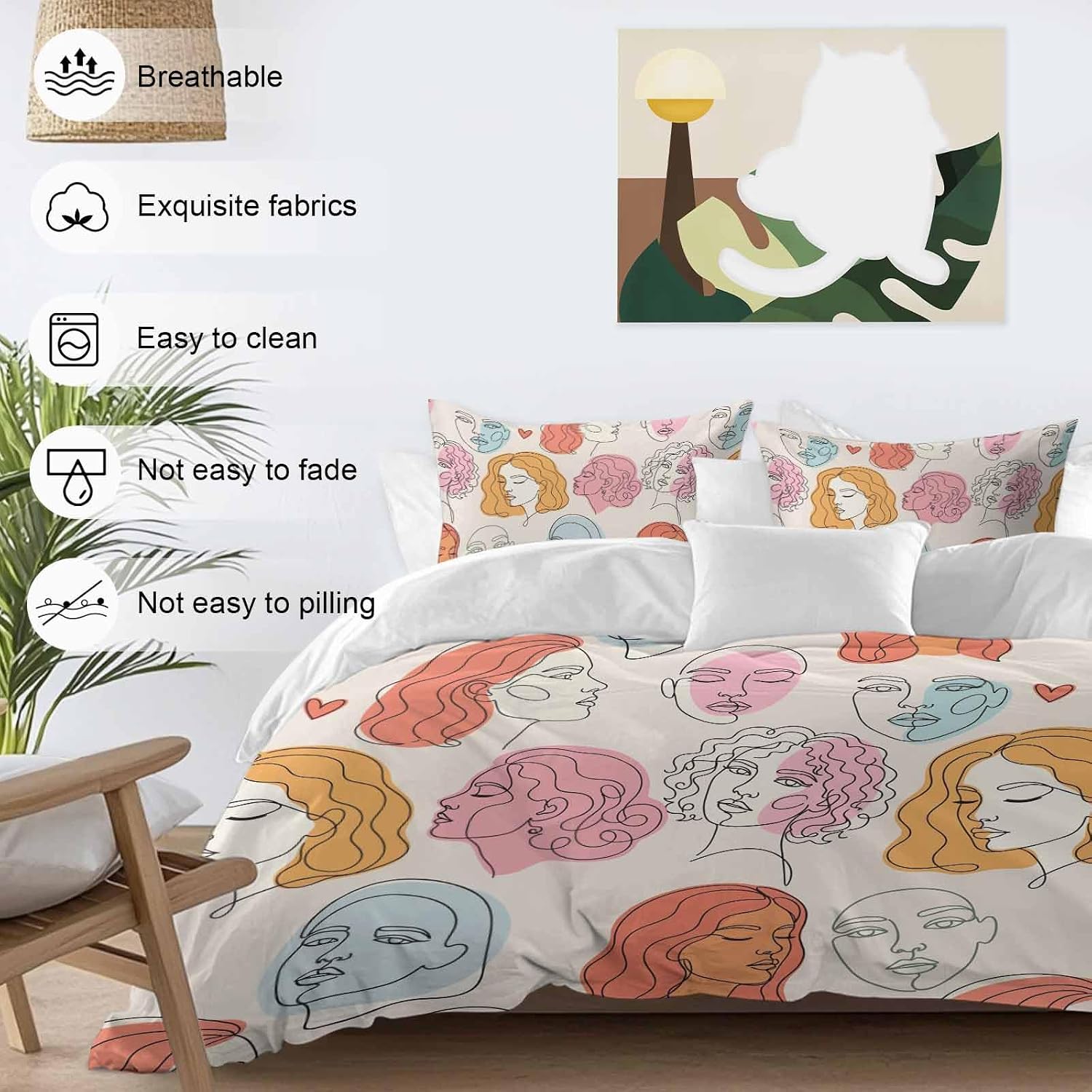 Abstract Face Painting Duvet Cover Set Queen Size 4 Pieces Boho Pink Portraits Minimalist Line Bedding Set with Zipper Closure, 1 Comforter Cover 92x106 Inches 1 Flat Sheet & 2 Pillow Cases