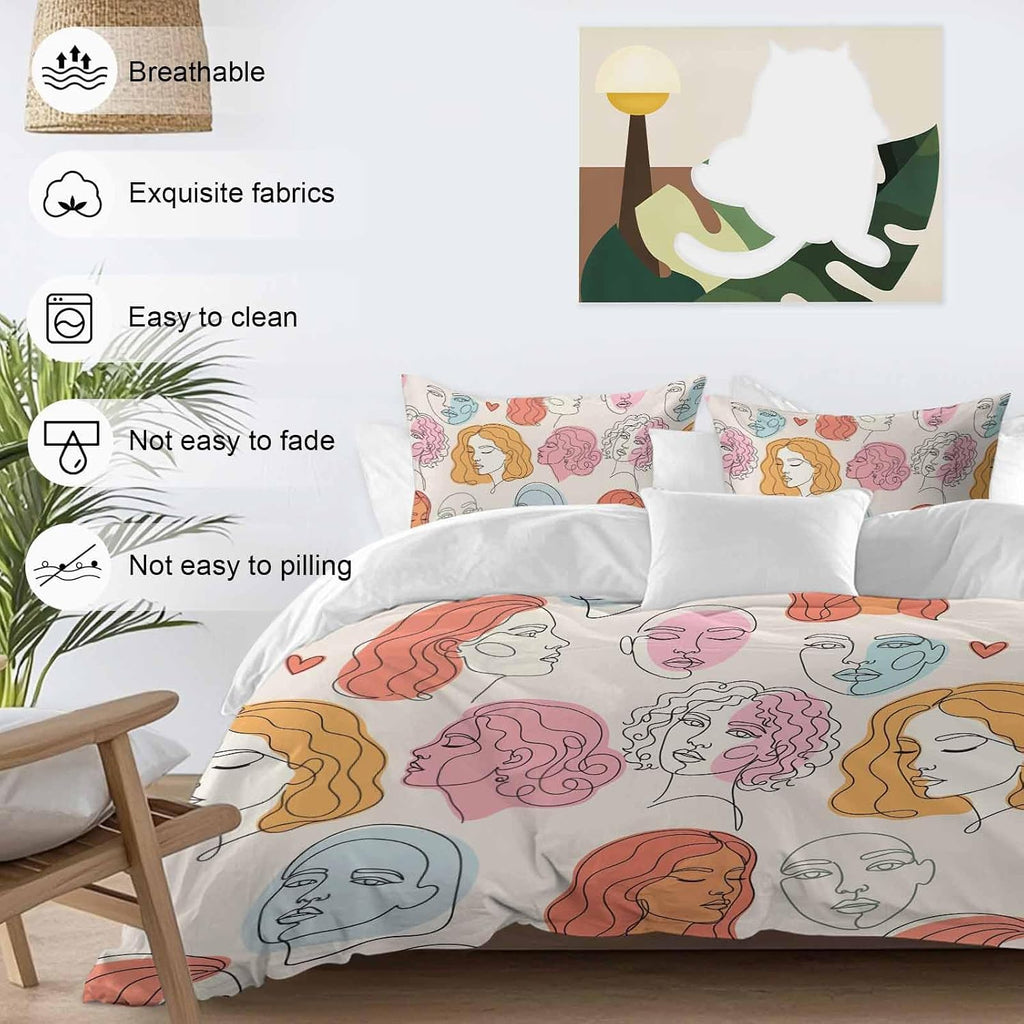 Abstract Face Painting Duvet Cover Set Queen Size 4 Pieces Boho Pink Portraits Minimalist Line Bedding Set with Zipper Closure, 1 Comforter Cover 90x92 Inches 1 Flat Sheet & 2 Pillow Cases