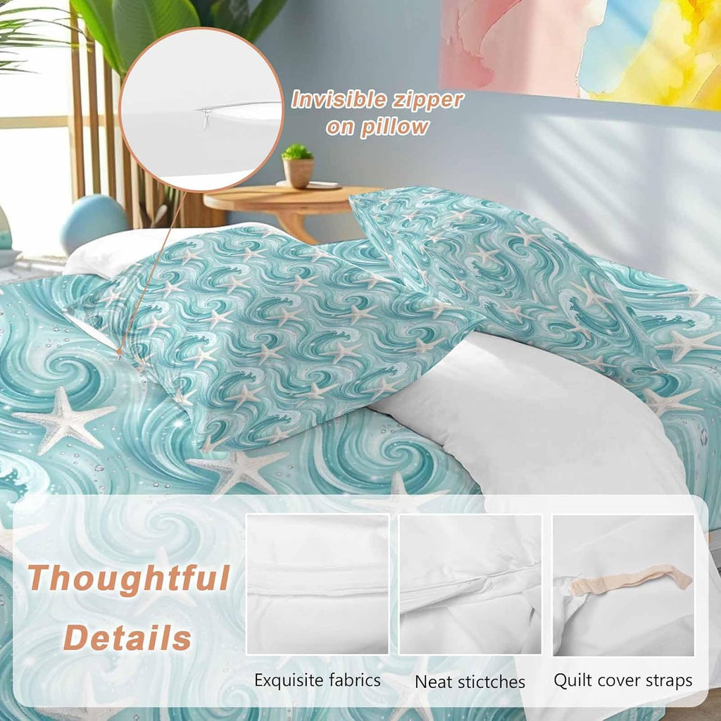 Teal Ocean Starfish Duvet Cover Set Queen Size 4 Pieces Nautical Coastal Watercolor Sea Waves Starfish Bedding Set with Zipper Closure, 1 Comforter Cover 92x106 Inches 1 Flat Sheet & 2 Pillow Cases