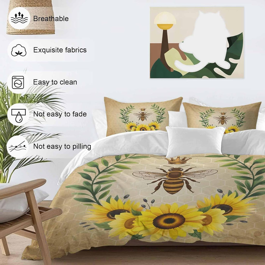 Vintage Crown Bee Duvet Cover Set Queen Size 4 Pieces Country Sunflowers Green Leaves Honeycomb Bedding Set with Zipper Closure, 1 Comforter Cover 86x86 Inches 1 Flat Sheet & 2 Pillow Cases