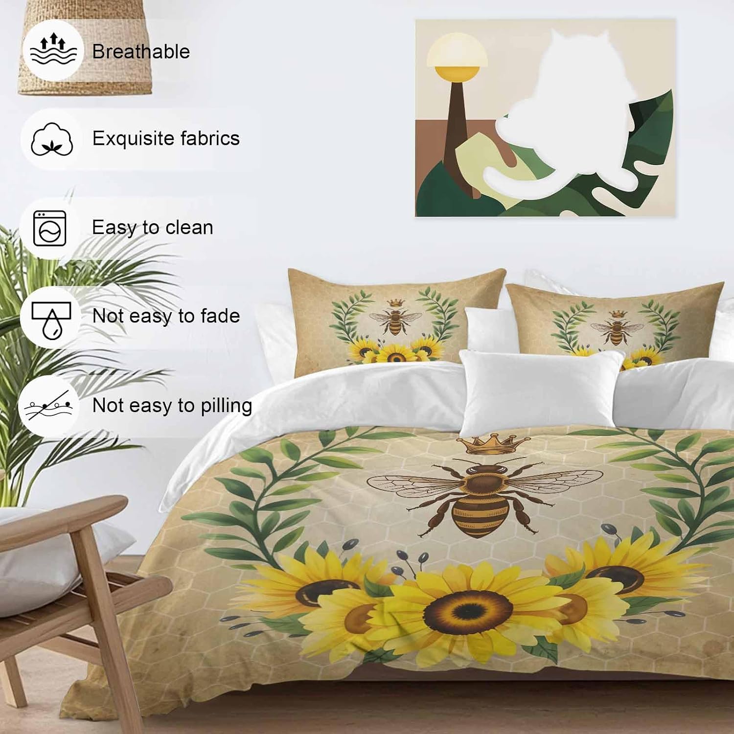 Vintage Crown Bee Duvet Cover Set Queen Size 4 Pieces Country Sunflowers Green Leaves Honeycomb Bedding Set with Zipper Closure, 1 Comforter Cover 86x86 Inches 1 Flat Sheet & 2 Pillow Cases