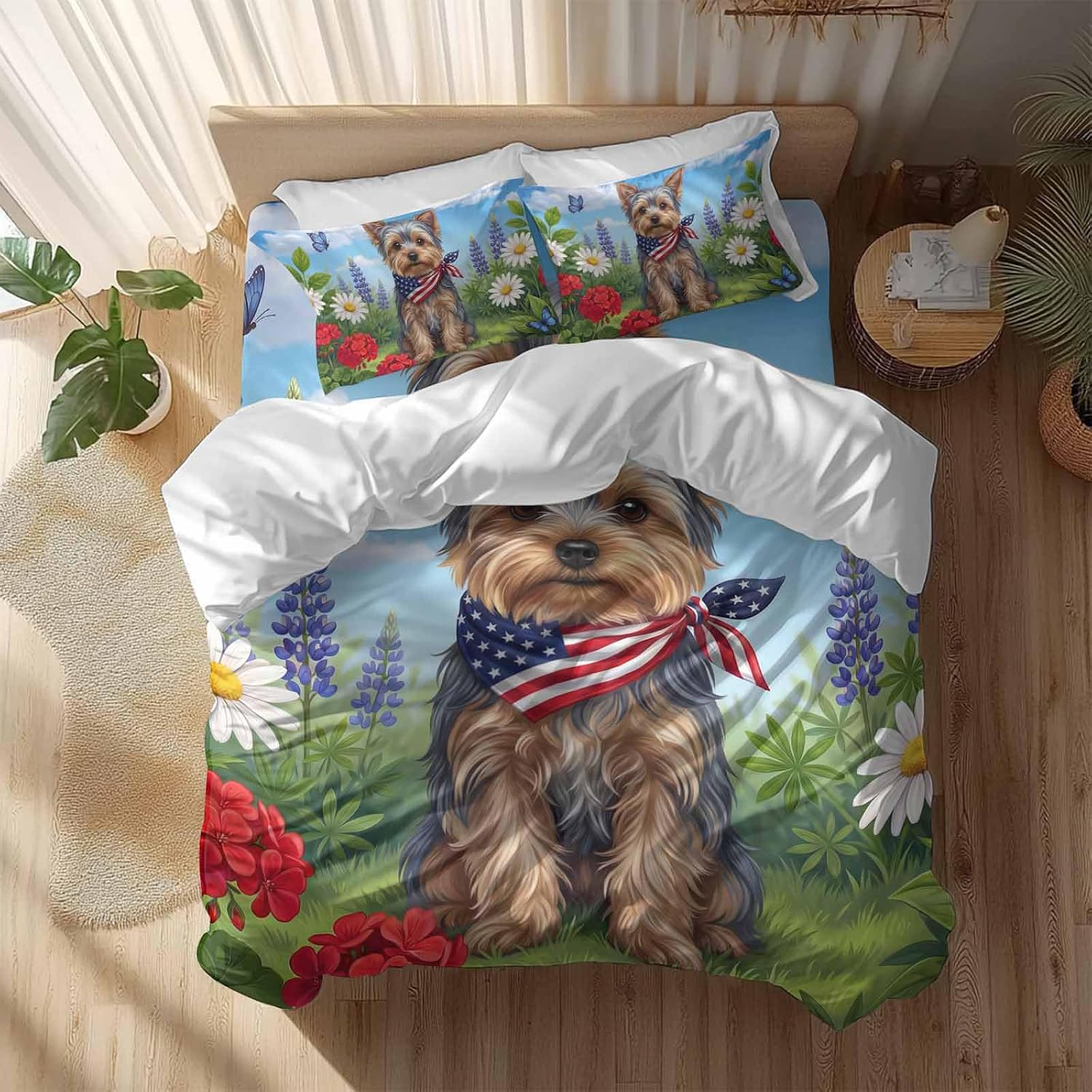 Independence Day Duvet Cover Set Queen Size 4 Pieces Watercolor U. S. Flag Cute Yorkshire Butterfly Bedding Set with Zipper Closure, 1 Comforter Cover 90x92 Inches 1 Flat Sheet & 2 Pillow Cases