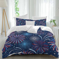 Independence Day Firework Duvet Cover Set Queen Size 4 Pieces Patriotic Red Blue Firework Dark Blue Bedding Set with Zipper Closure, 1 Comforter Cover 86x86 Inches 1 Flat Sheet & 2 Pillow Cases