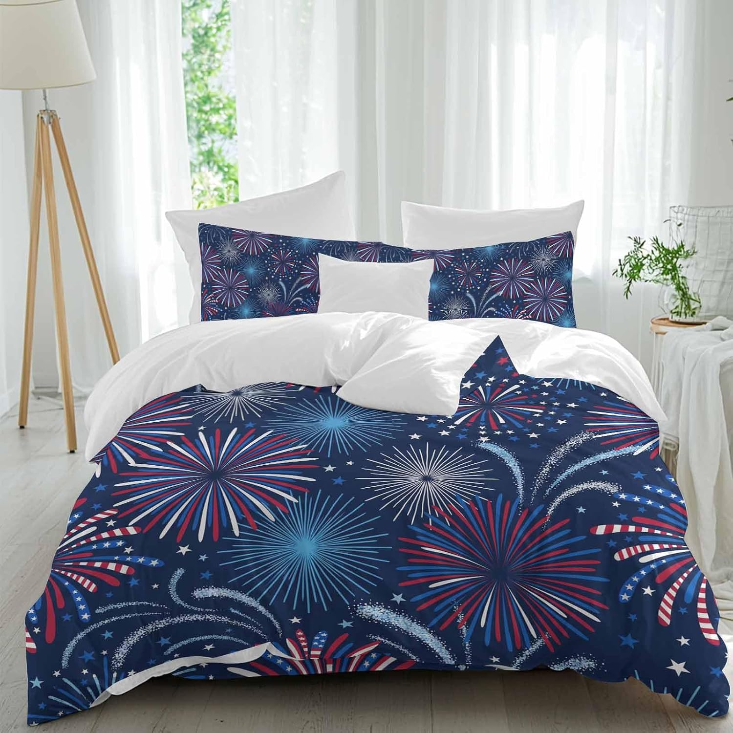 Independence Day Firework Duvet Cover Set Queen Size 4 Pieces Patriotic Red Blue Firework Dark Blue Bedding Set with Zipper Closure, 1 Comforter Cover 86x86 Inches 1 Flat Sheet & 2 Pillow Cases