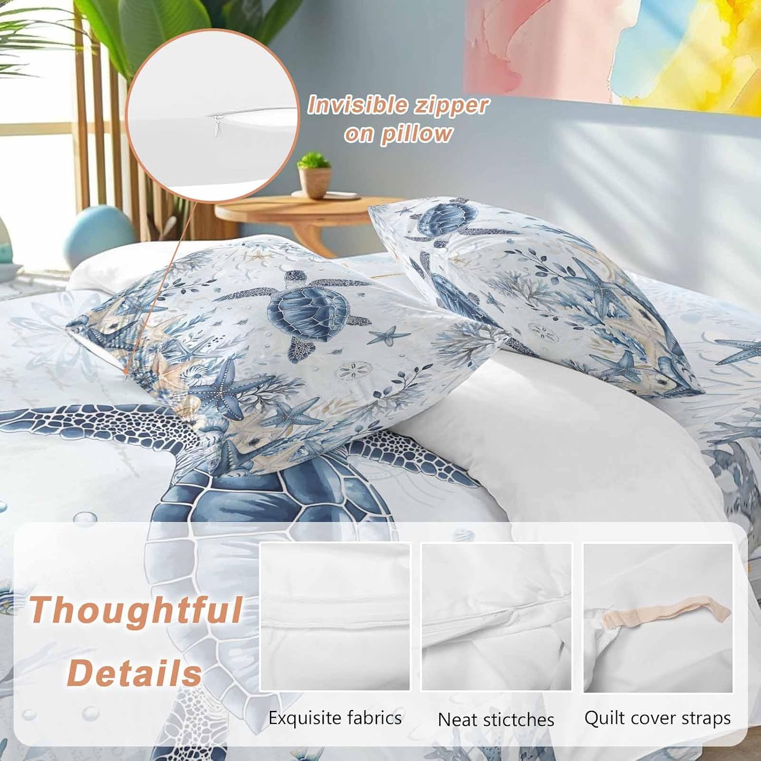 Prime Leader Ocean Turtles Duvet Cover Set Queen Size 4 Pieces Blue Yellow Sea Star Shell Coral Blue Bedding Set with Zipper Closure, 1 Comforter Cover 86x86 Inches 1 Flat Sheet & 2 Pillow Cases