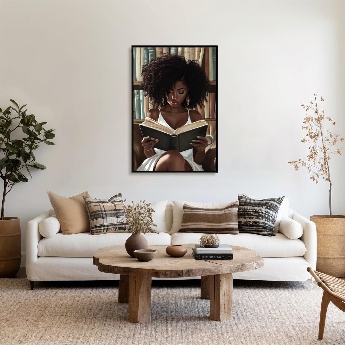 African Black Girl Reading Book Poster, Black Woman Canvas Wall Art Print, Traditional African Symbols Painting, Afrocentric Cultural Wall Decor for Living Room 24x36inch black framed