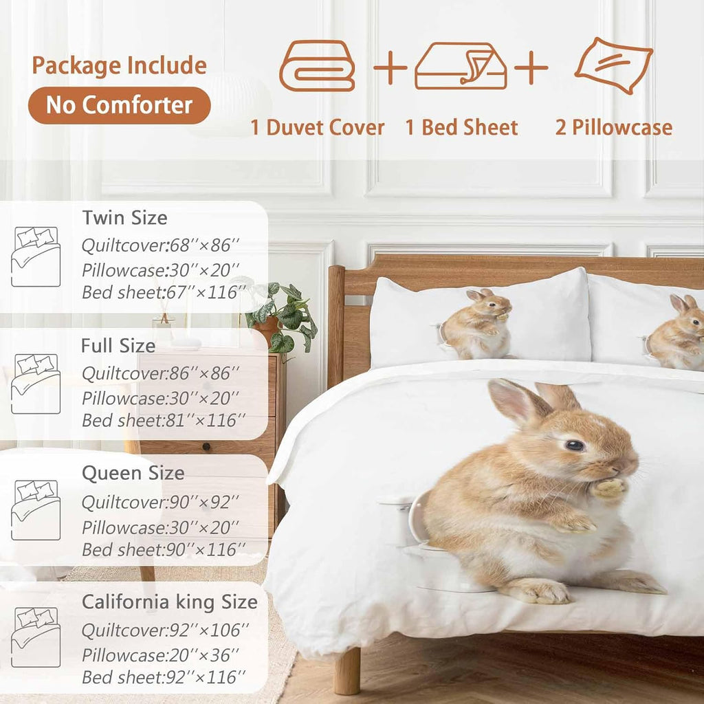 Rabbit Sitting on The Toilet Thinking Duvet Cover Set Queen Size 4 Pieces Abstract Funny Animal Bedding Set with Zipper Closure, 1 Comforter Cover 86x86 Inches 1 Flat Sheet & 2 Pillow Cases