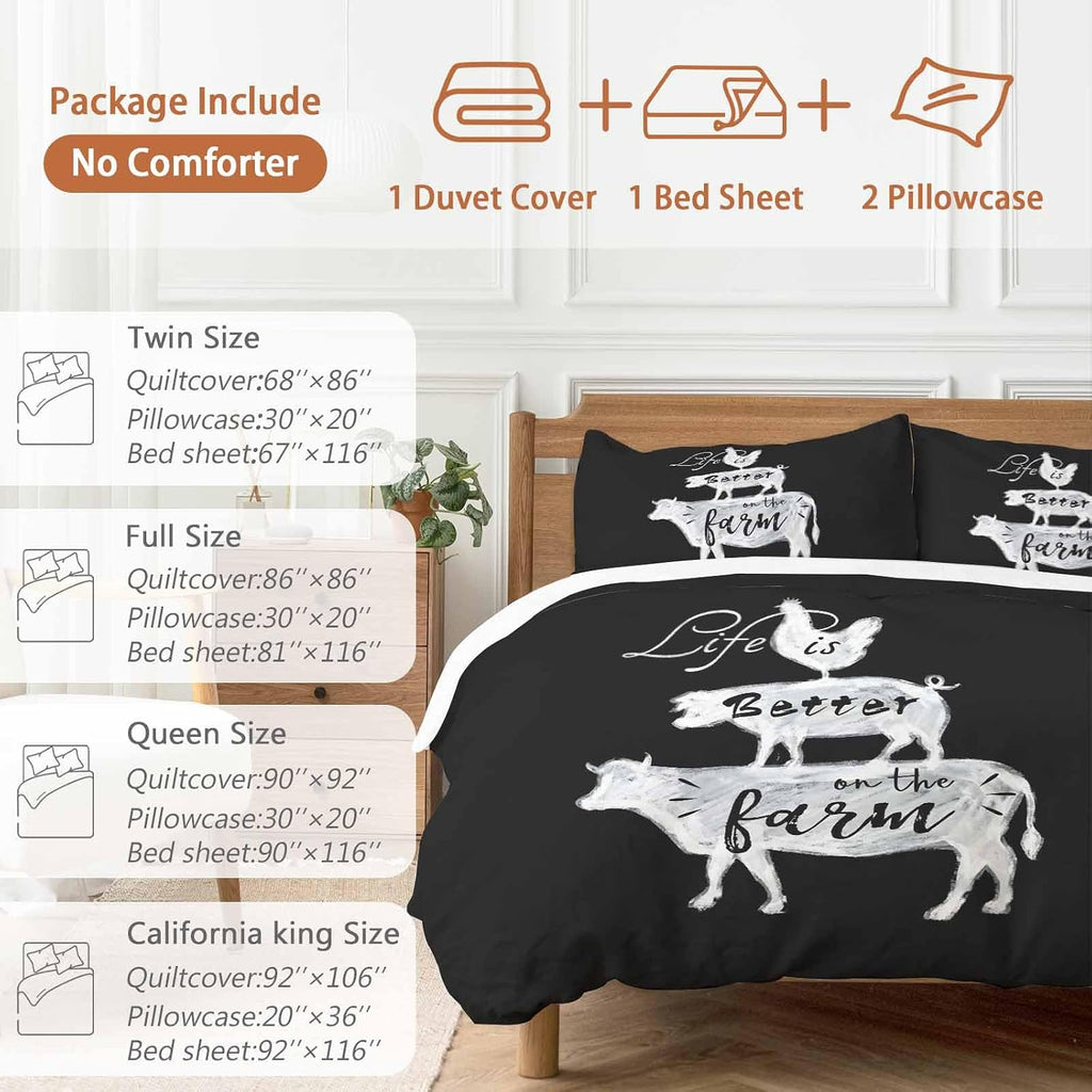 Prime Leader Retro Farm Duvet Cover Set Queen Size 4 Pieces Chicken Pig Cow Farmhouse Animal Black White Bedding Set with Zipper Closure, 1 Comforter Cover 90x92 Inches 1 Flat Sheet & 2 Pillow Cases