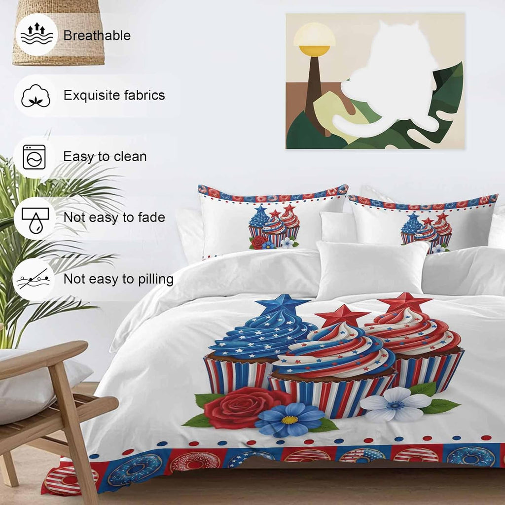 Independence Day Cupcakes Duvet Cover Set Queen Size 4 Pieces 4th of July Red Blue White Star Rose Flower Bedding Set with Zipper Closure, 1 Comforter Cover 92x106 Inches 1 Flat Sheet & 2 Pillow Cases