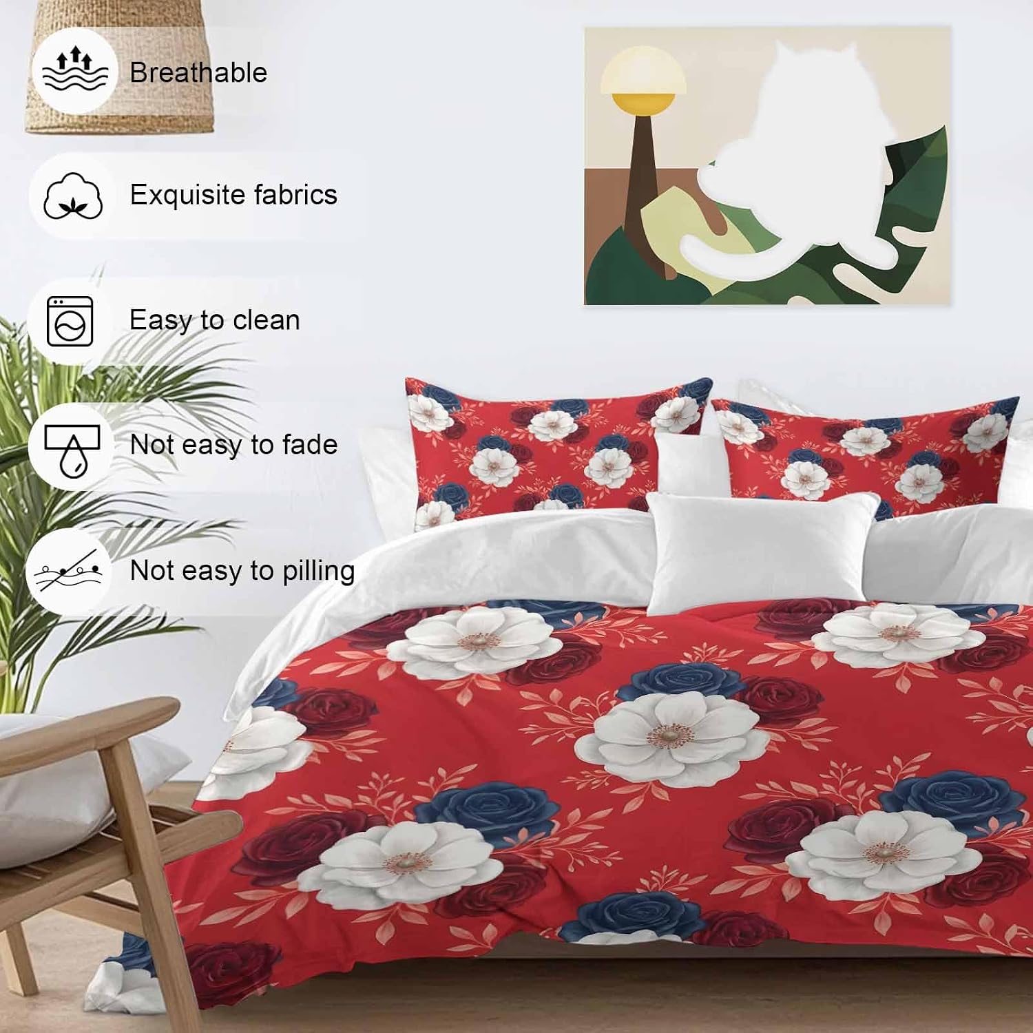 Prime Leader Independence Day Duvet Cover Set Queen Size 4 Pieces Red Blue White Roses Floral Leaf Red Bedding Set with Zipper Closure, 1 Comforter Cover 90x92 Inches 1 Flat Sheet & 2 Pillow Cases