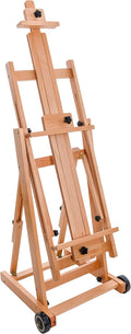 U.S. Art Supply Master Multi-Function Studio Artist Wooden Floor Easel - Large Heavy Duty Adjustable H-Frame, Tilts Flat, Mast Adjusts to 97' High - Beechwood Painting Canvas Holder Stand with Wheels