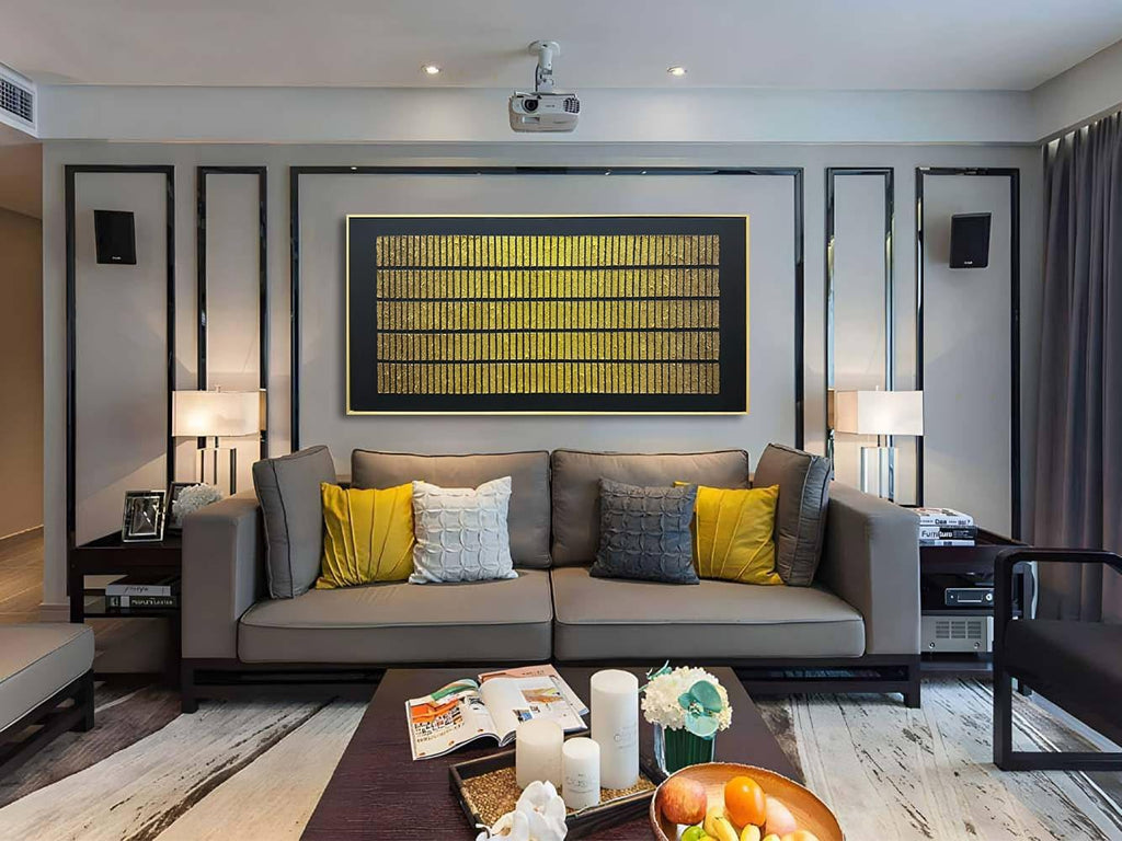 zoinart Black and Gold Textured Wall Art with Dense Golden Array Blocks, 24x48 inch Contemporary Minimalist Gold Framed Artwork Wall 24x48 Inch Metal Wall Art