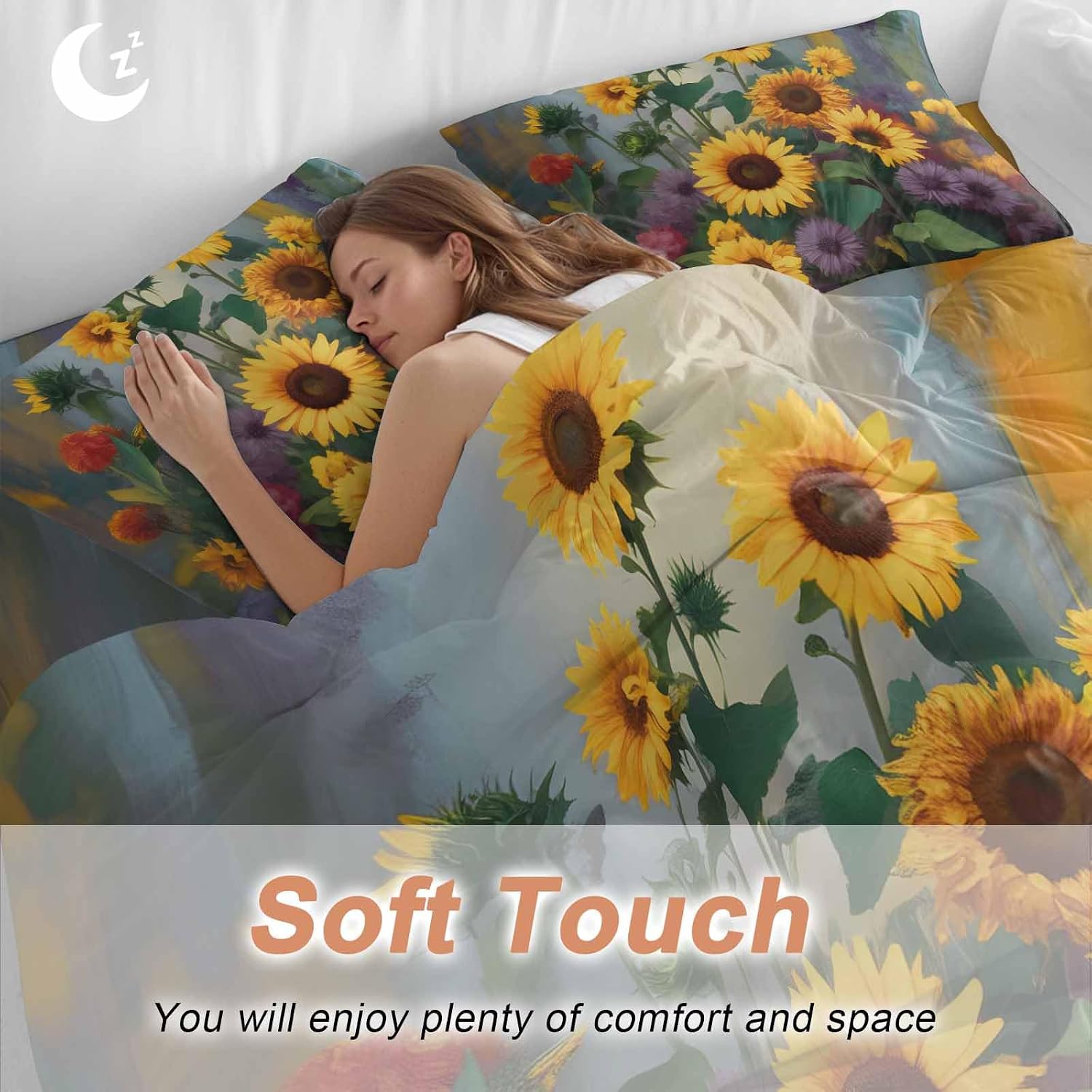Spring Florals Duvet Cover Set Queen Size 4 Pieces Watercolor Sunflowers Country Green Leaves Bedding Set with Zipper Closure, 1 Comforter Cover 90x92 Inches 1 Flat Sheet & 2 Pillow Cases