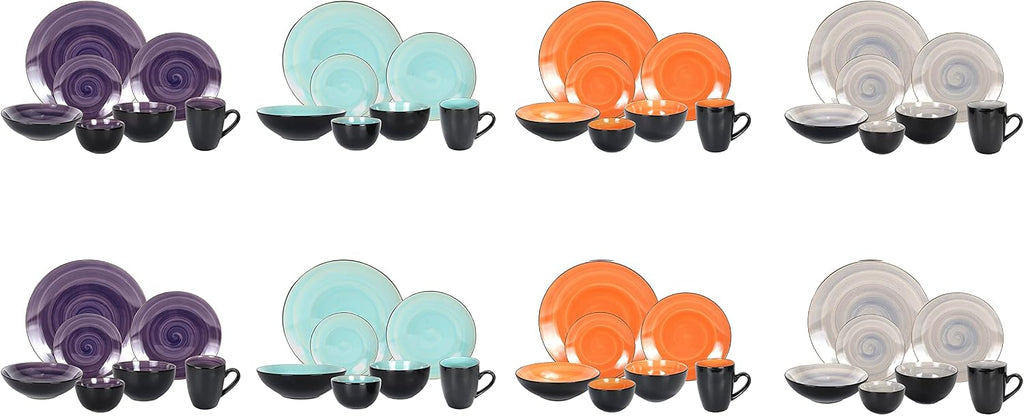 Stoneware Sonoma 56pc Dinnerware Set, Black + Speckled Spin Wash Mixed Colors of Purple, Turquoise, Orange and Grey