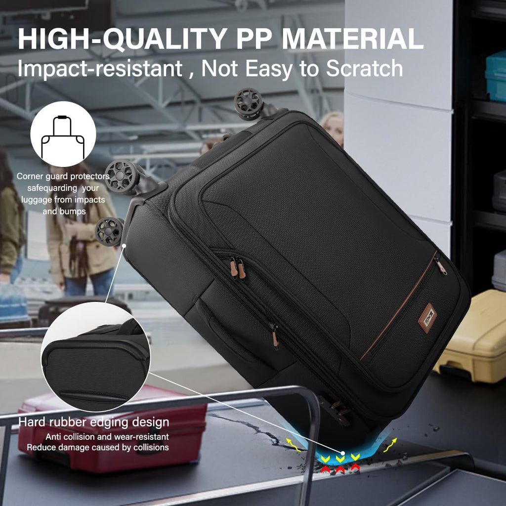 Luggage Sets 3 Piece,Suitcases with Wheels Hardshell,Softside Luggage Set,Foldie Travel Bag Expandable,Charcoal Material w/Tsa LOCK & Double Spinner Wheels(20in/26in/28in)Black,XJ-1907