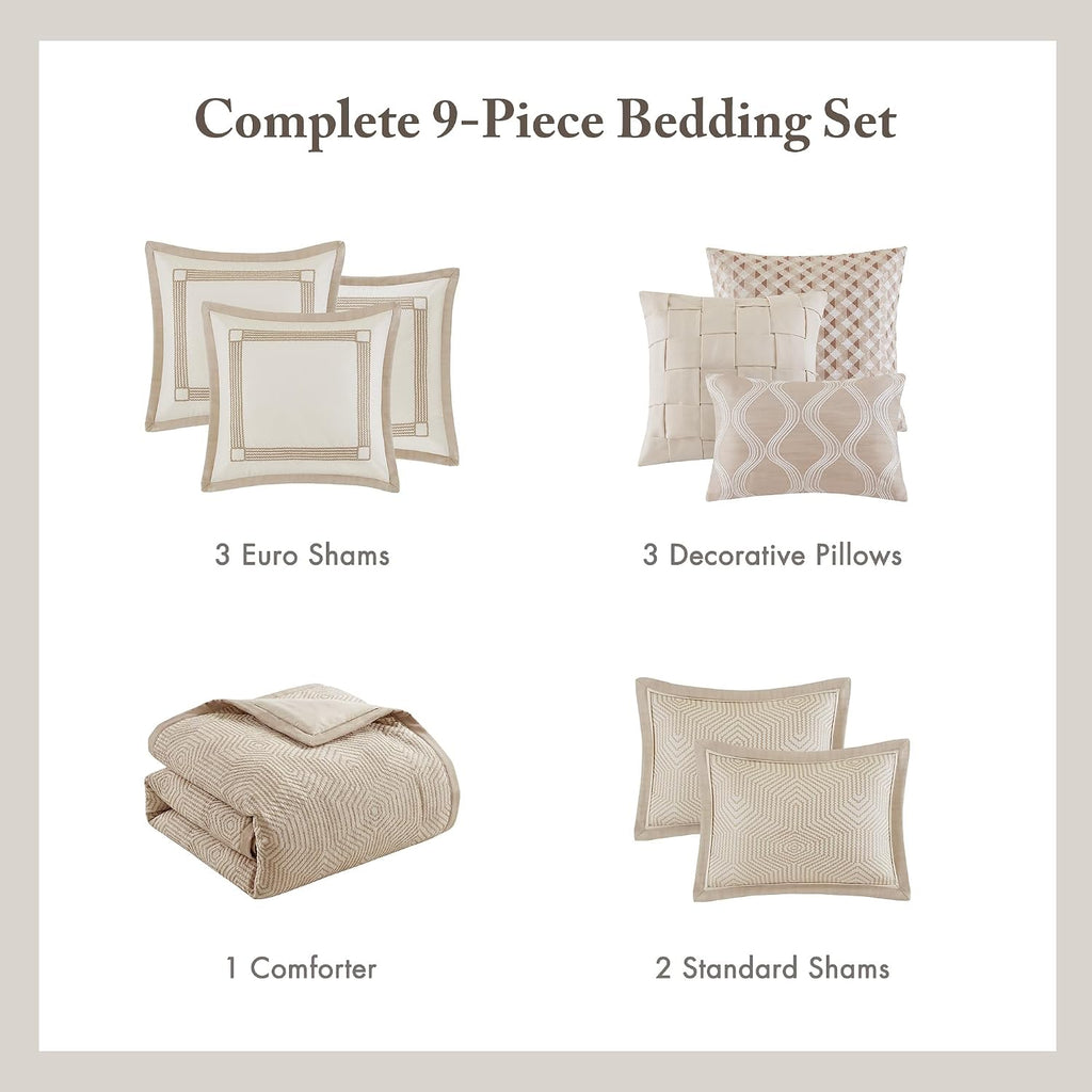 Madison Park Signature King Luxury Jacquard Comforter Set, Removable Duvet Cover with Insert, Oversized Overfilled Bedding, Hand-Guided Embroidered Texture Accents, Geometric Ivory, 9-Piece