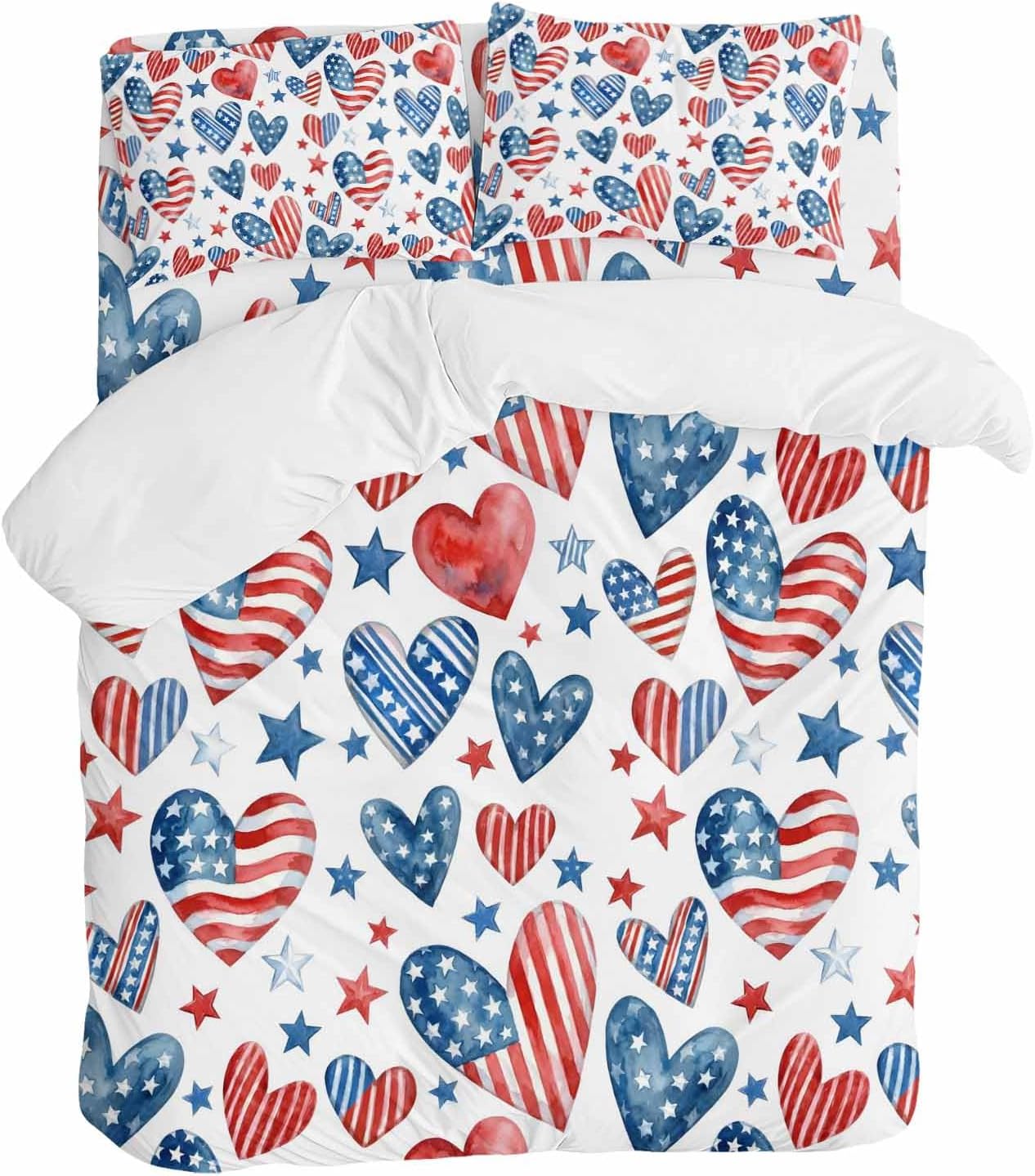 Independence Day Duvet Cover Set Queen Size 4 Pieces U. S. Flag Themed Love Heart Five-Pointed Stars Bedding Set with Zipper Closure, 1 Comforter Cover 90x92 Inches 1 Flat Sheet & 2 Pillow Cases