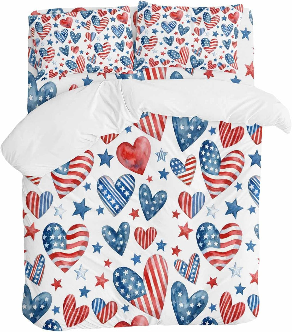 Independence Day Duvet Cover Set Queen Size 4 Pieces U. S. Flag Themed Love Heart Five-Pointed Stars Bedding Set with Zipper Closure, 1 Comforter Cover 92x106 Inches 1 Flat Sheet & 2 Pillow Cases