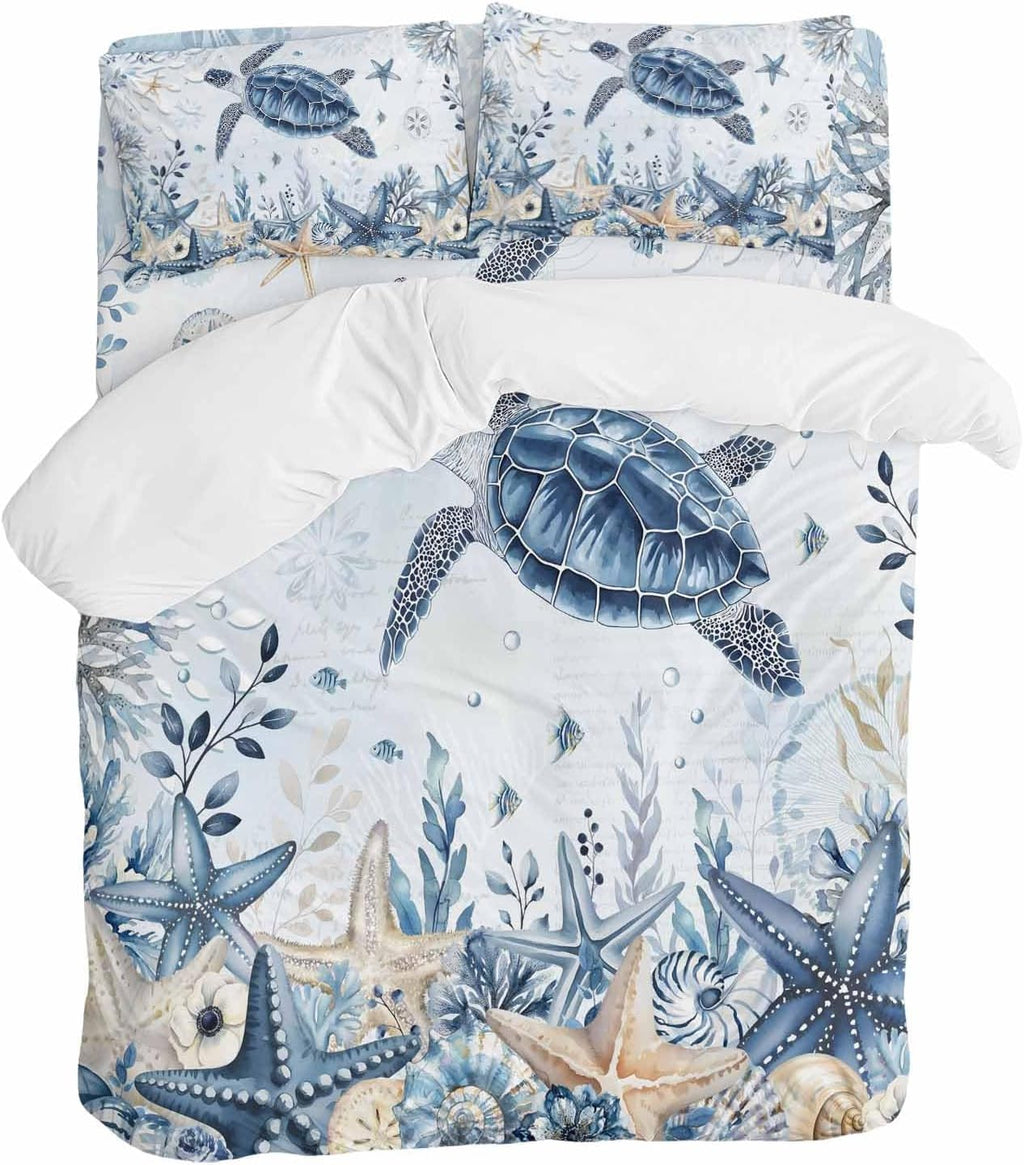Prime Leader Ocean Turtles Duvet Cover Set Queen Size 4 Pieces Blue Yellow Sea Star Shell Coral Blue Bedding Set with Zipper Closure, 1 Comforter Cover 86x86 Inches 1 Flat Sheet & 2 Pillow Cases