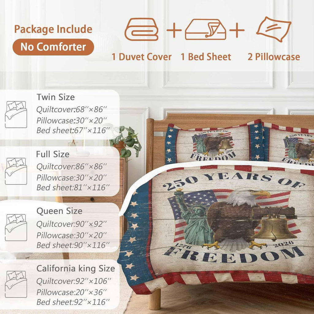 250 Years of Freedom Duvet Cover Set Queen Size 4 Pieces Patriotic Bald Eagle Star Stripe Wooden Bedding Set with Zipper Closure, 1 Comforter Cover 90x92 Inches 1 Flat Sheet & 2 Pillow Cases
