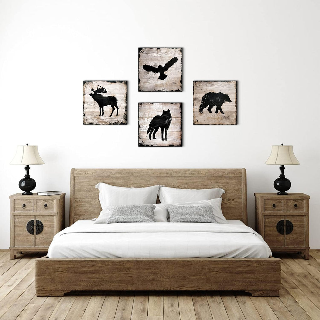 Wild Animal Silhouette Canvas Wall Art Decor Elk Wolf Bear Eagle Prints Painting 24 x 24 Inch Peeling Paint Wood Texture Background for Bathroom Living Room Decoration Kids Nursery set of 4 Panels