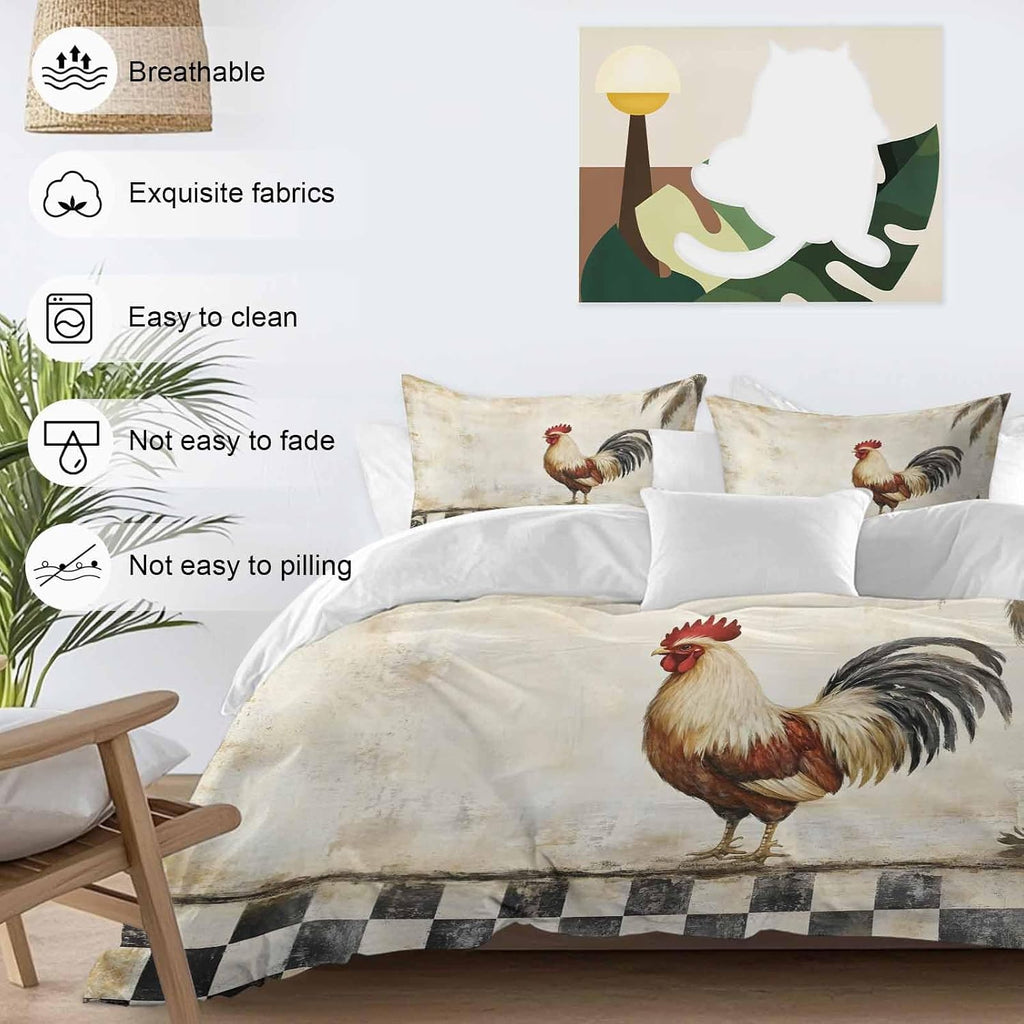 Rooster Chicken Duvet Cover Set Queen Size 4 Pieces Black Plaid Watercolor Vintage Texture Farm Bedding Set with Zipper Closure, 1 Comforter Cover 90x92 Inches 1 Flat Sheet & 2 Pillow Cases