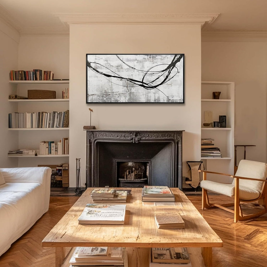 Abstract Framed Wall Art for Living Room White Pictures Canvas Black Arts Wall Decor Poster Prints Artwork for Hotel Gallery 24'x48'
