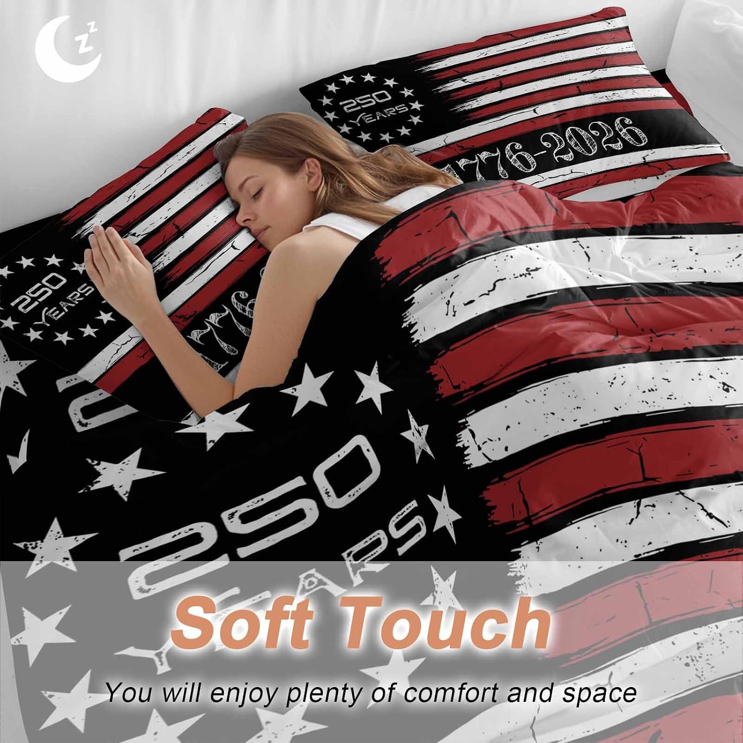 4th of July Duvet Cover Set Queen Size 4 Pieces 250 Years Independence Day Red Black USA Flag Stripe Bedding Set with Zipper Closure, 1 Comforter Cover 92x106 Inches 1 Flat Sheet & 2 Pillow Cases