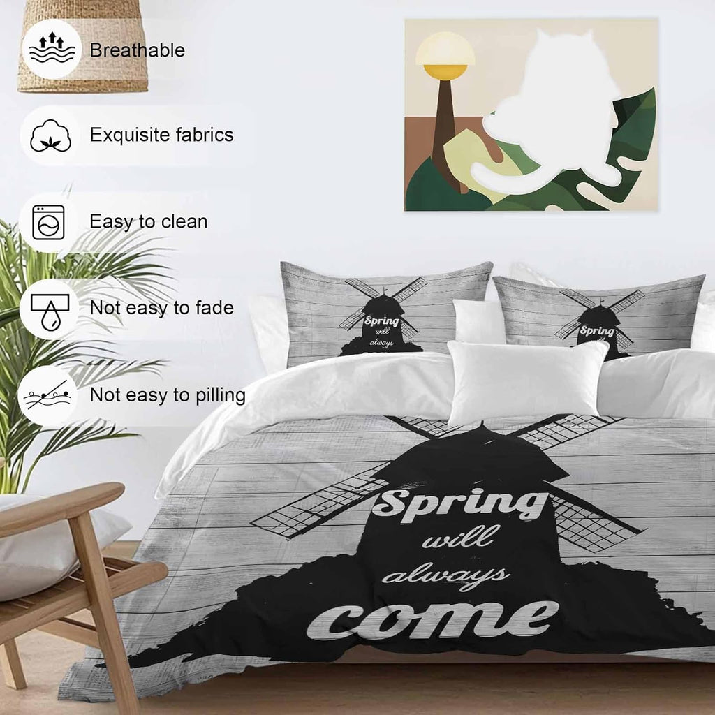 Black Windmill Duvet Cover Set Queen Size 4 Pieces Spring Will Always Come Letters Gray Wood Grain Bedding Set with Zipper Closure, 1 Comforter Cover 90x92 Inches 1 Flat Sheet & 2 Pillow Cases