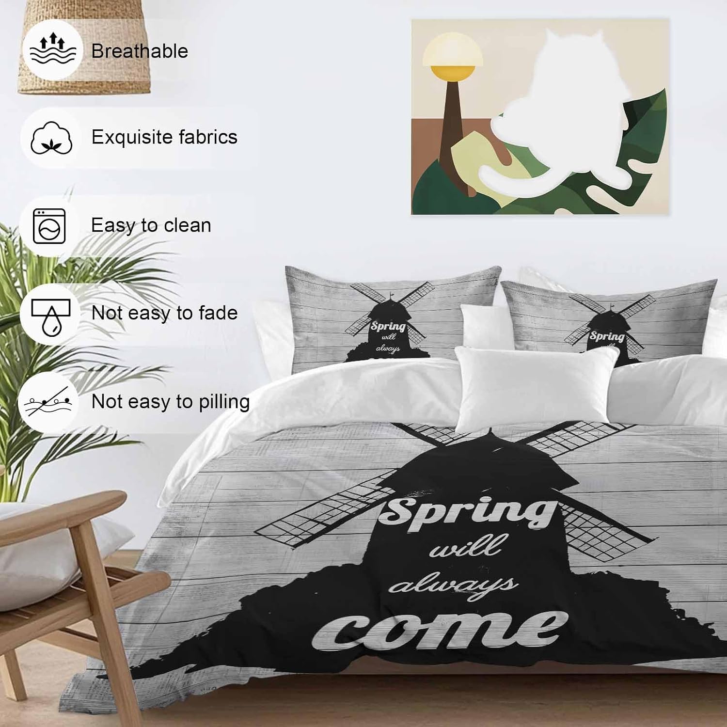Black Windmill Duvet Cover Set Queen Size 4 Pieces Spring Will Always Come Letters Gray Wood Grain Bedding Set with Zipper Closure, 1 Comforter Cover 86x86 Inches 1 Flat Sheet & 2 Pillow Cases