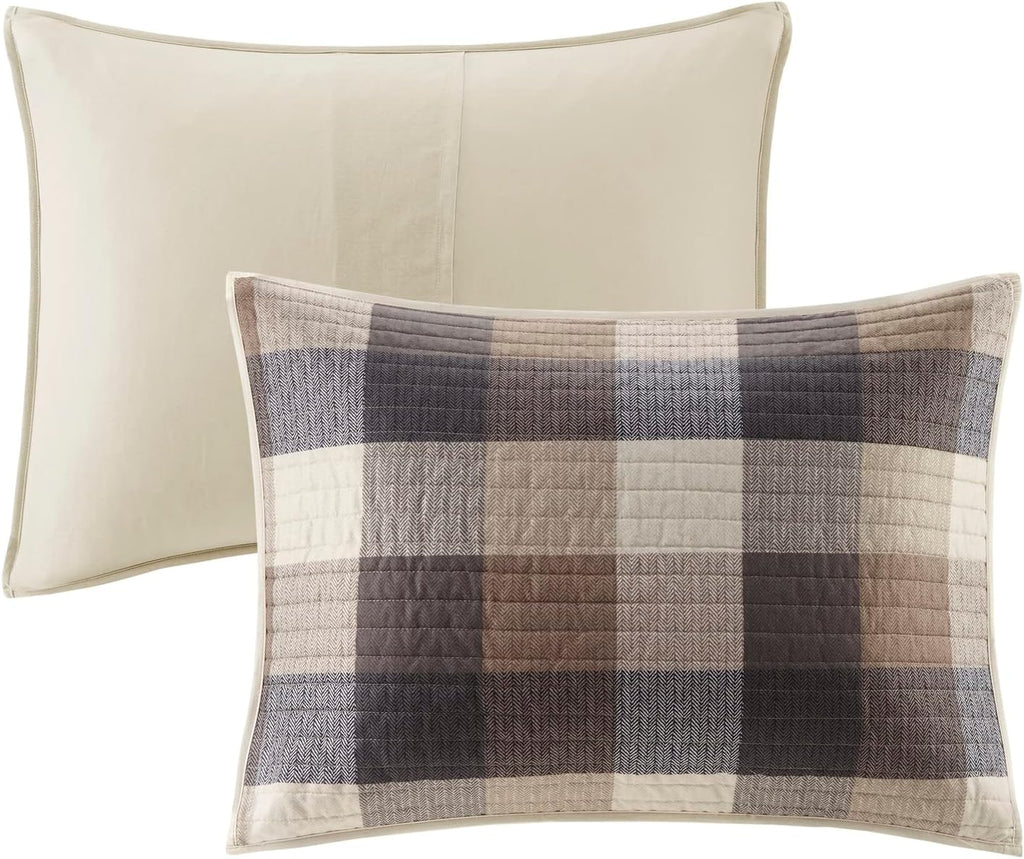 Madison Park Reversible Quilt Cabin Lifestyle Plaid Design - All Season, Breathable Coverlet Bedspread Bedding Set, Matching Shams, King/Cal King(104'x92'), Neutral 6 Piece