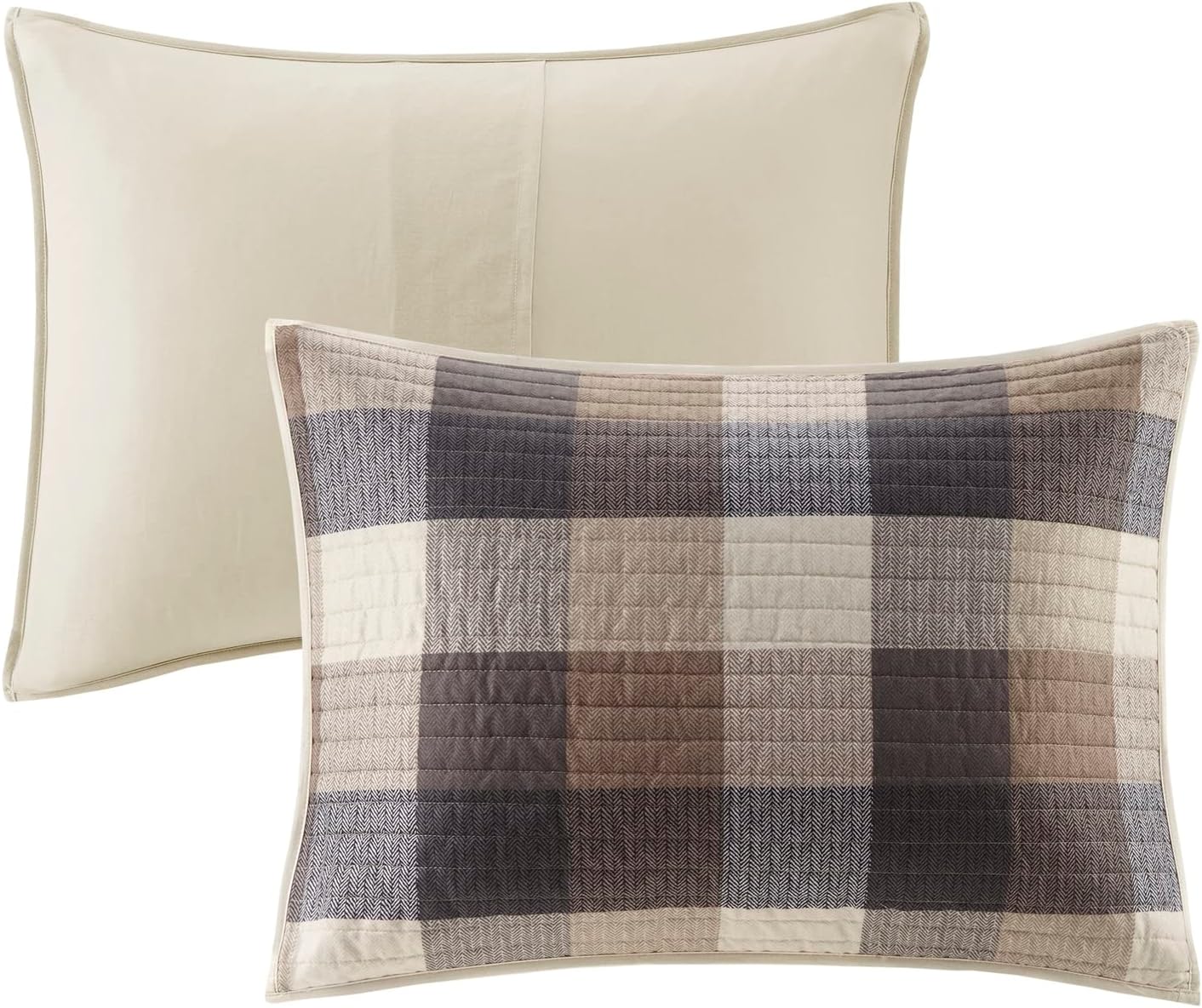 Madison Park Reversible Quilt Cabin Lifestyle Plaid Design - All Season, Breathable Coverlet Bedspread Bedding Set, Matching Shams, King/Cal King(104'x92'), Neutral 6 Piece