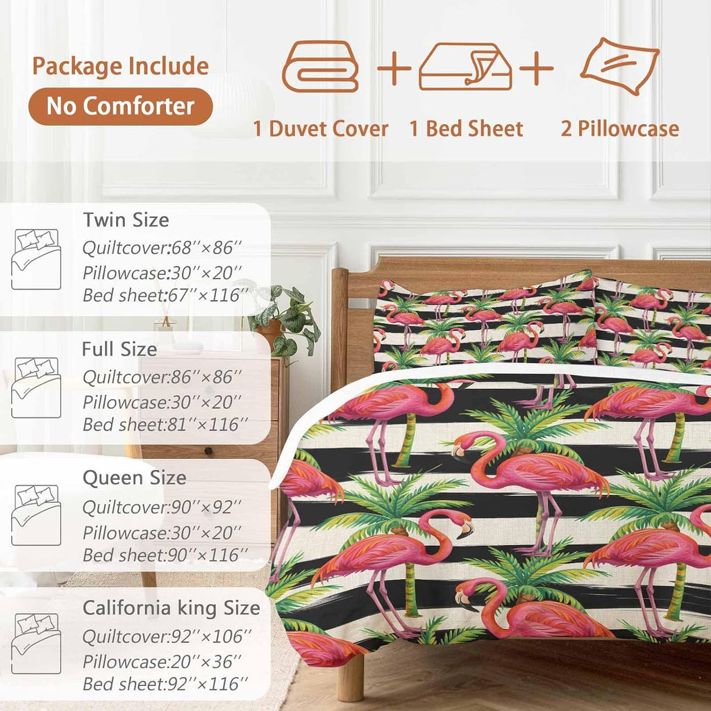 Prime Leader Pink Flamingo Duvet Cover Set Queen Size 4 Pieces Palm Leaf White Black Striped Vintage Bedding Set with Zipper Closure, 1 Comforter Cover 90x92 Inches 1 Flat Sheet & 2 Pillow Cases