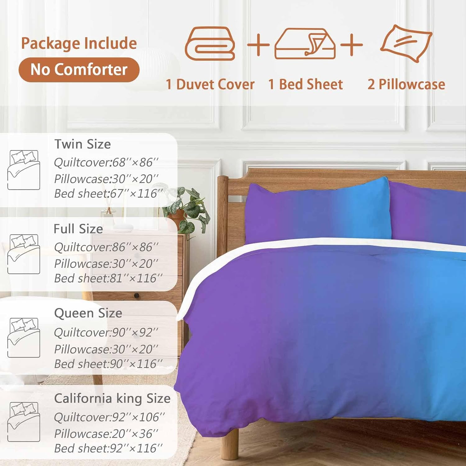 Purple Blue Gradient Duvet Cover Set Queen Size 4 Pieces Colorful Striped Ombre Minimalist Art Bedding Set with Zipper Closure, 1 Comforter Cover 92x106 Inches 1 Flat Sheet & 2 Pillow Cases